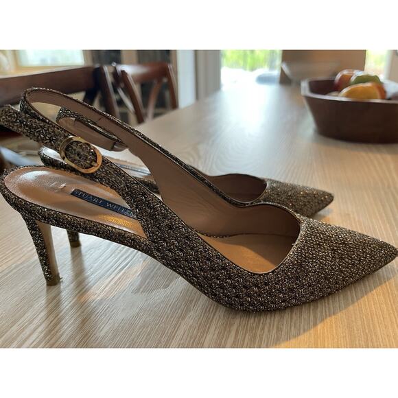 Stuart Weitzman Womens 75mm Slingback Heel Gold Bronze Glitter Crystal Mesh 9.5 - Picture 2 of 8